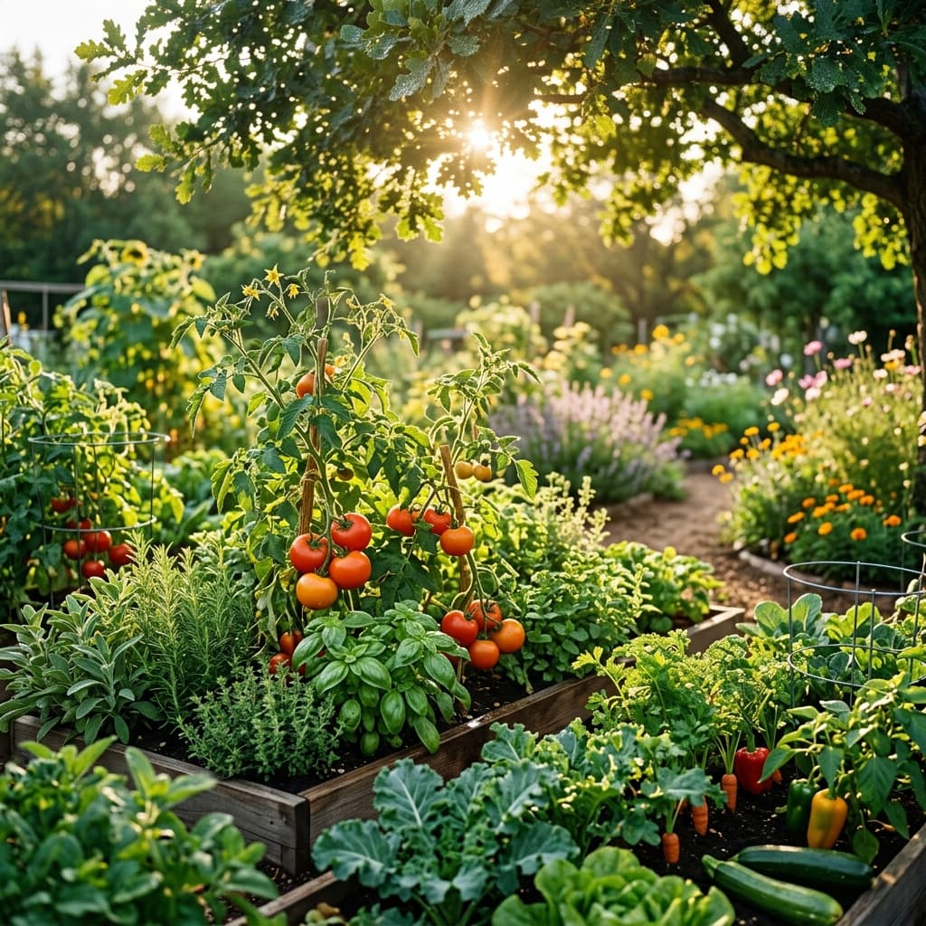 Lush vegetable garden with tomatoes and herbs at golden hour